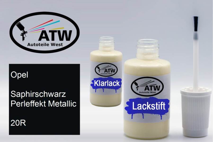 Opel, Saphirschwarz Perleffekt Metallic, 20R: 20ml Lackstift + 20ml Klarlack - Set, von ATW Autoteile West.